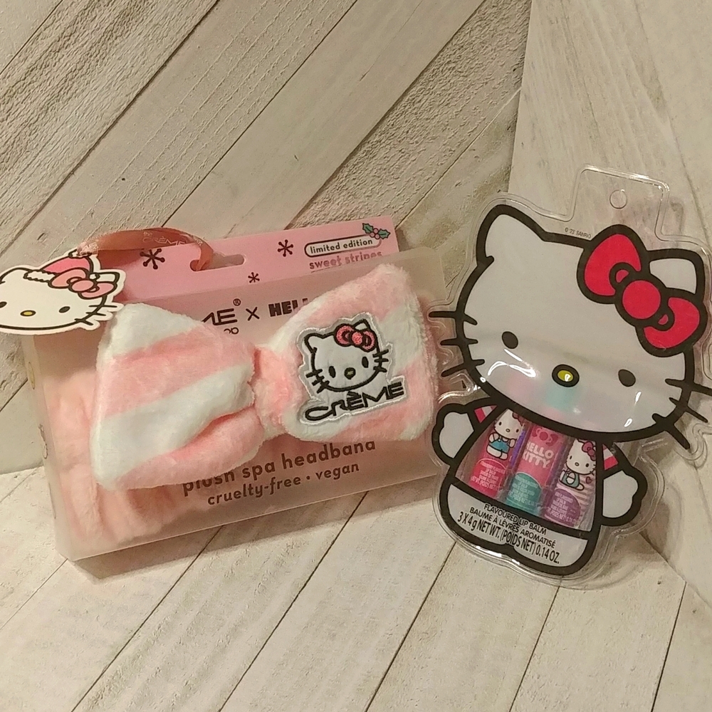 NWT The Creme Shop X Hello Kitty Plush Spa Headband Plus 3 Flavoured Lip Balms